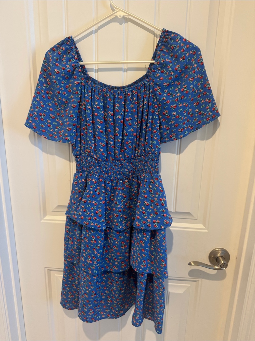 Blue Floral Off-Shoulder Smocked Tiered Casual Dress
